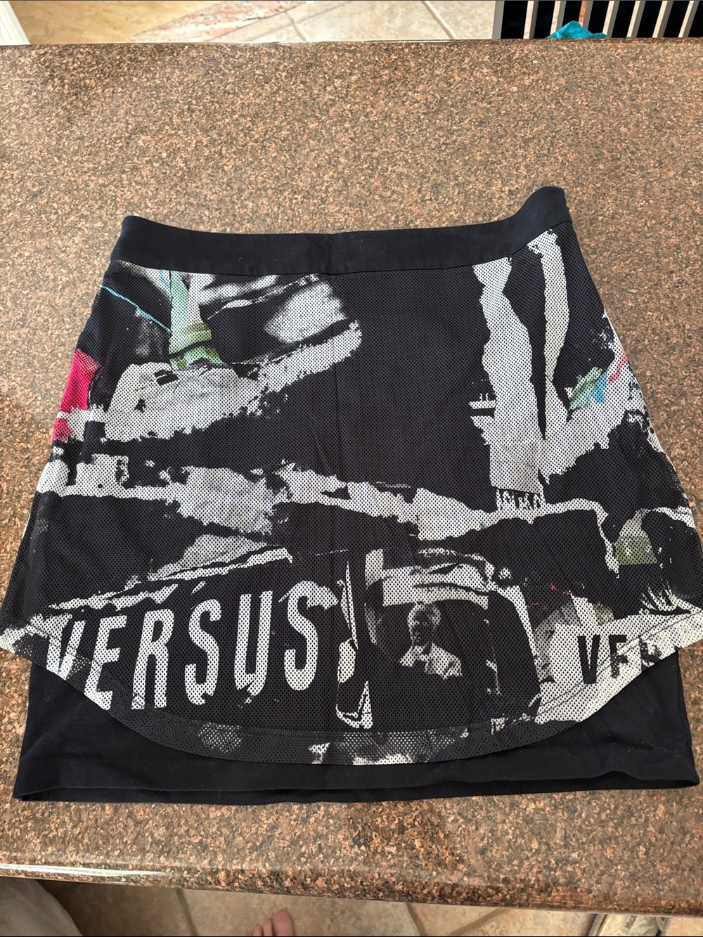 Versus Versace Ladies Y2K Black Mesh Overlay Graffiti/Newsprint Graphic-S